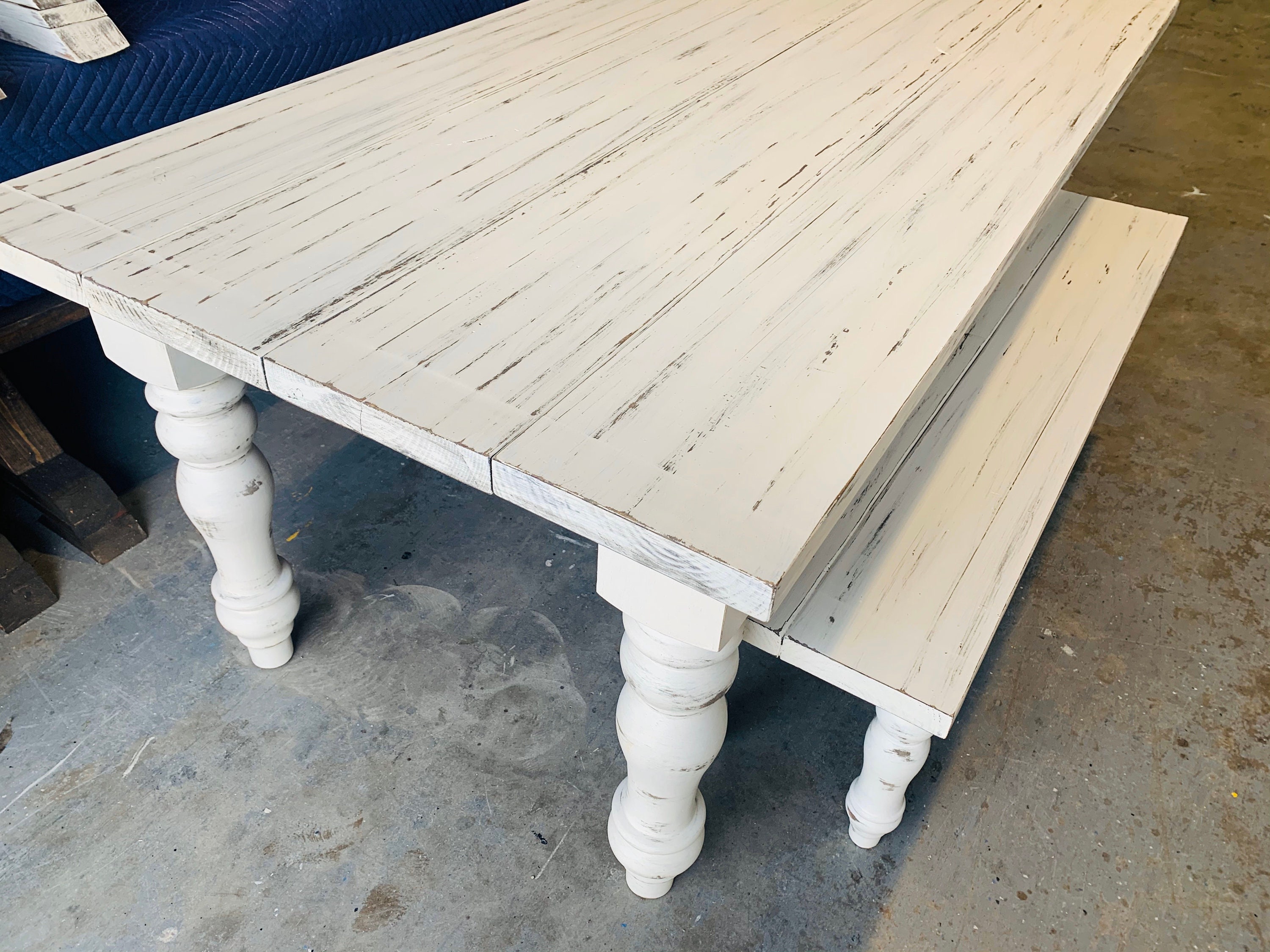 7ft Rustic Farmhouse Table And Bench With Turned Legs