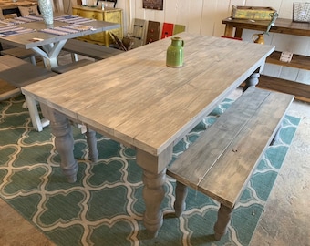 Rustic Farmhouse Dining Table Set: Gray White Wash Top, Chunky Turned Legs