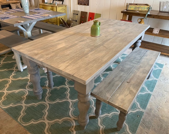 Rustic Farmhouse Table Set with Turned Chunky Legs, Includes two Benches, Gray White Wash Top and Classic Gray Base Dining Set