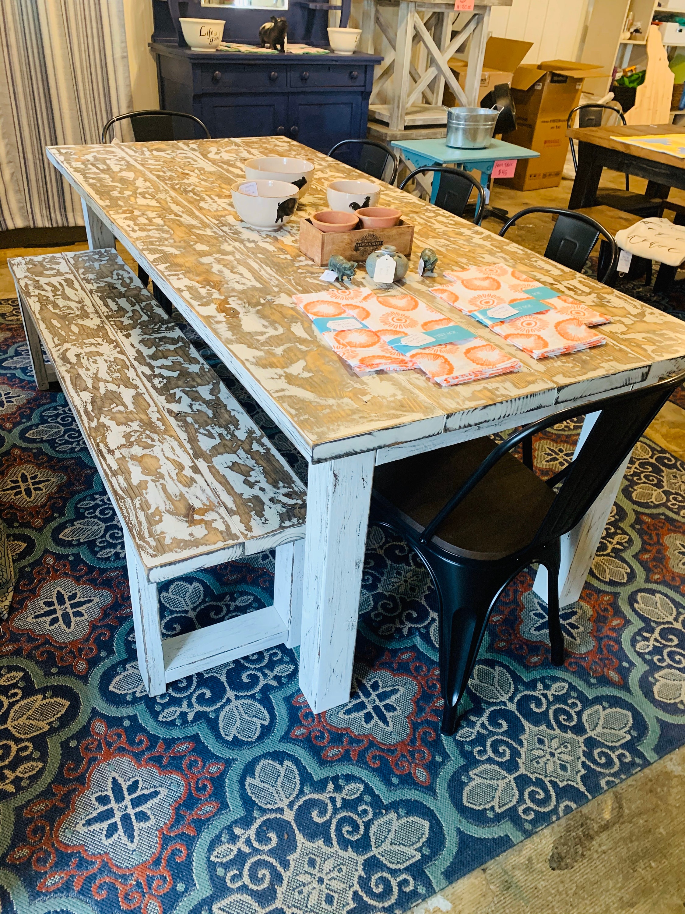 Rustic Farmhouse Table with Chairs and Bench, Weathered White Top with