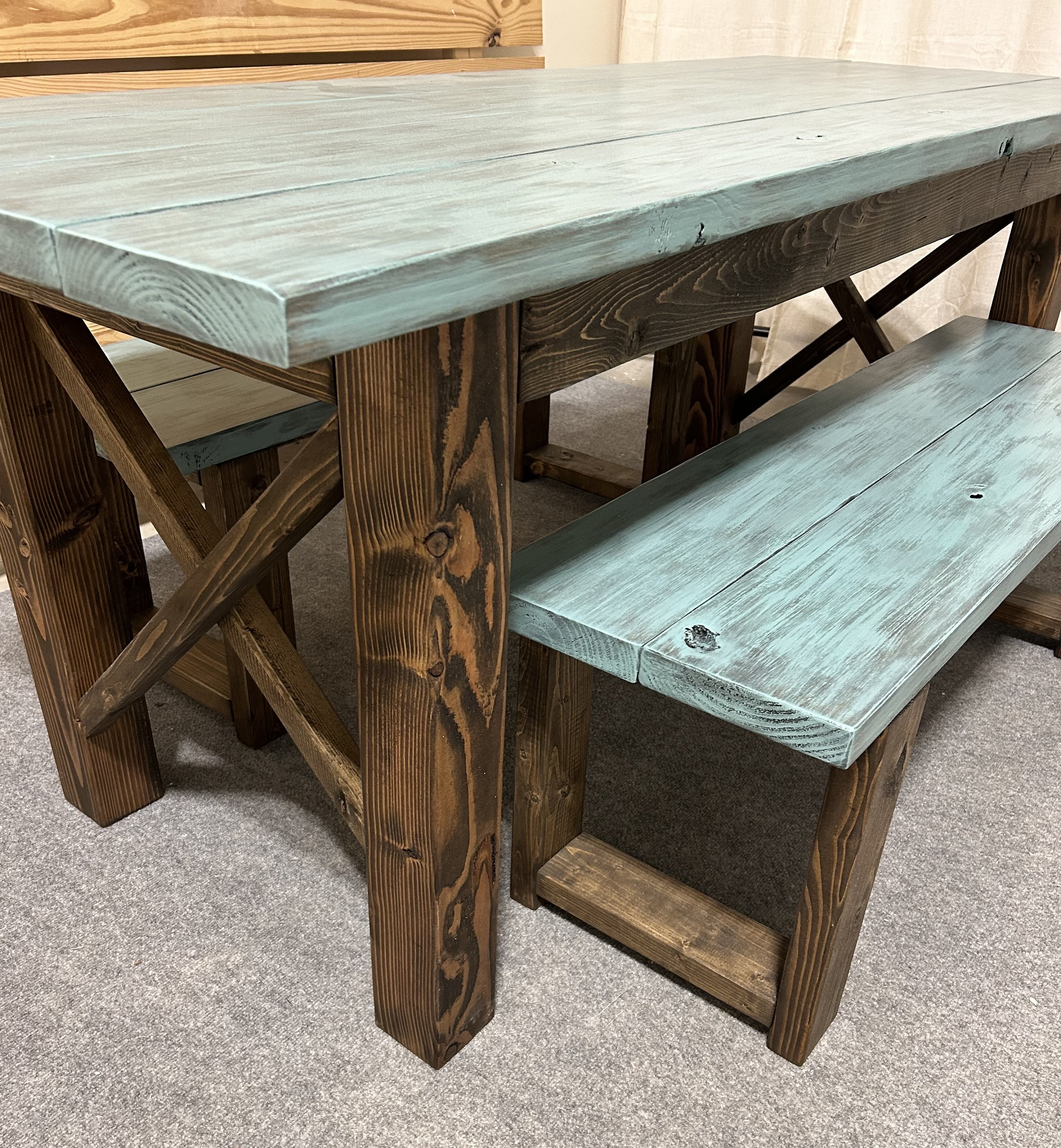 Narrow Farmhouse Dining Table With Benches Teal Dark Walnut Beach Decor Feel Small Wooden Kitchen Table X Design