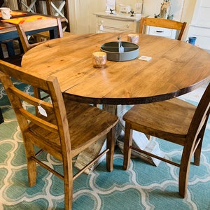 Round Dining Table - Pedestal Base - Farmhouse Round Wooden Kitchen Table - Distressed White, Provincial Brown