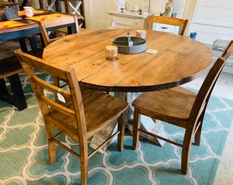 Round Rustic Farmhouse Table with chairs, Single Pedestal  Style Base, Provincial Brown Top with Distressed White Base, Small Wooden Dining