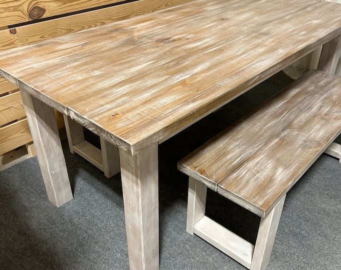 Small Farmhouse Table with Benches, White Wash, Special Walnut, Distressed White, 6ft Dining Set, Wooden Kitchen Table