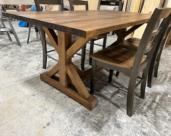 Modern Farmhouse Table With Trestle Base and Chair Option, 6ft Stained Dining and Kitchen Set, Wooden Table