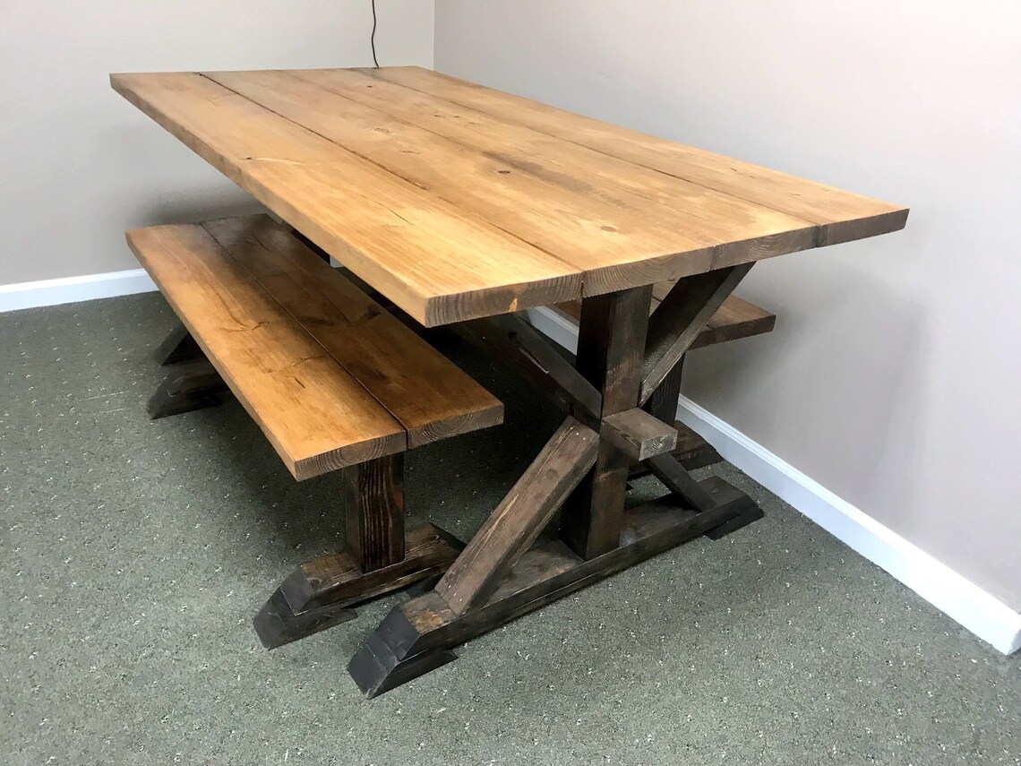Rustic Pedestal Farmhouse Table With Benches Early American Etsy