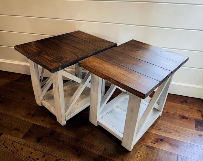 Farmhouse End Table Set, Solid Wood Nightstands, Rustic Bedside Tables, X Brace Storage Furniture