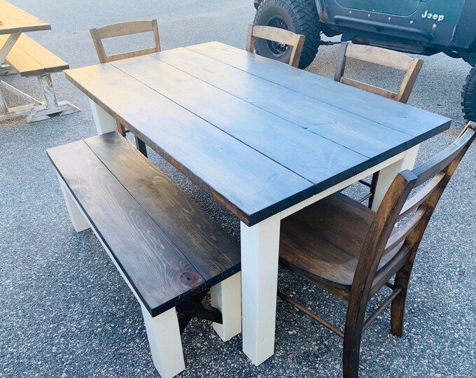 Farmhouse Table Set - Dark Walnut, Antique White - Seats 4-6 - Real Wood Kitchen Table with Bench