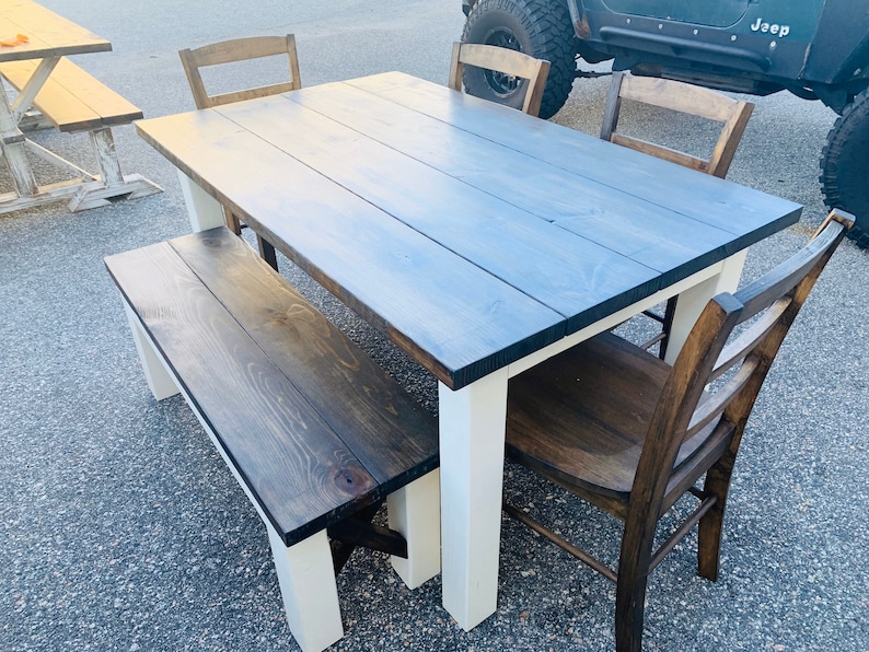 Modern Farmhouse Table Set With Chairs and Bench Dark Walnut Etsy