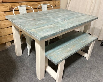 Vintage Aqua Farmhouse Table Set - Great for Small Dining Area 5ft - White with a White washed Aqua Top - Seating: Chairs and Bench