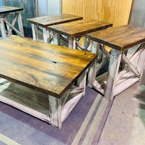 Farmhouse Coffee Table and End Tables Set: Distressed White Base, Provincial Top