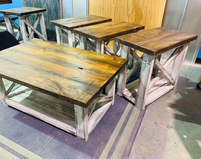 Farmhouse Living Room Set, End Tables Set and Coffee Table with Distressed White Base and Provincial Top, Rustic Living Room Furniture X