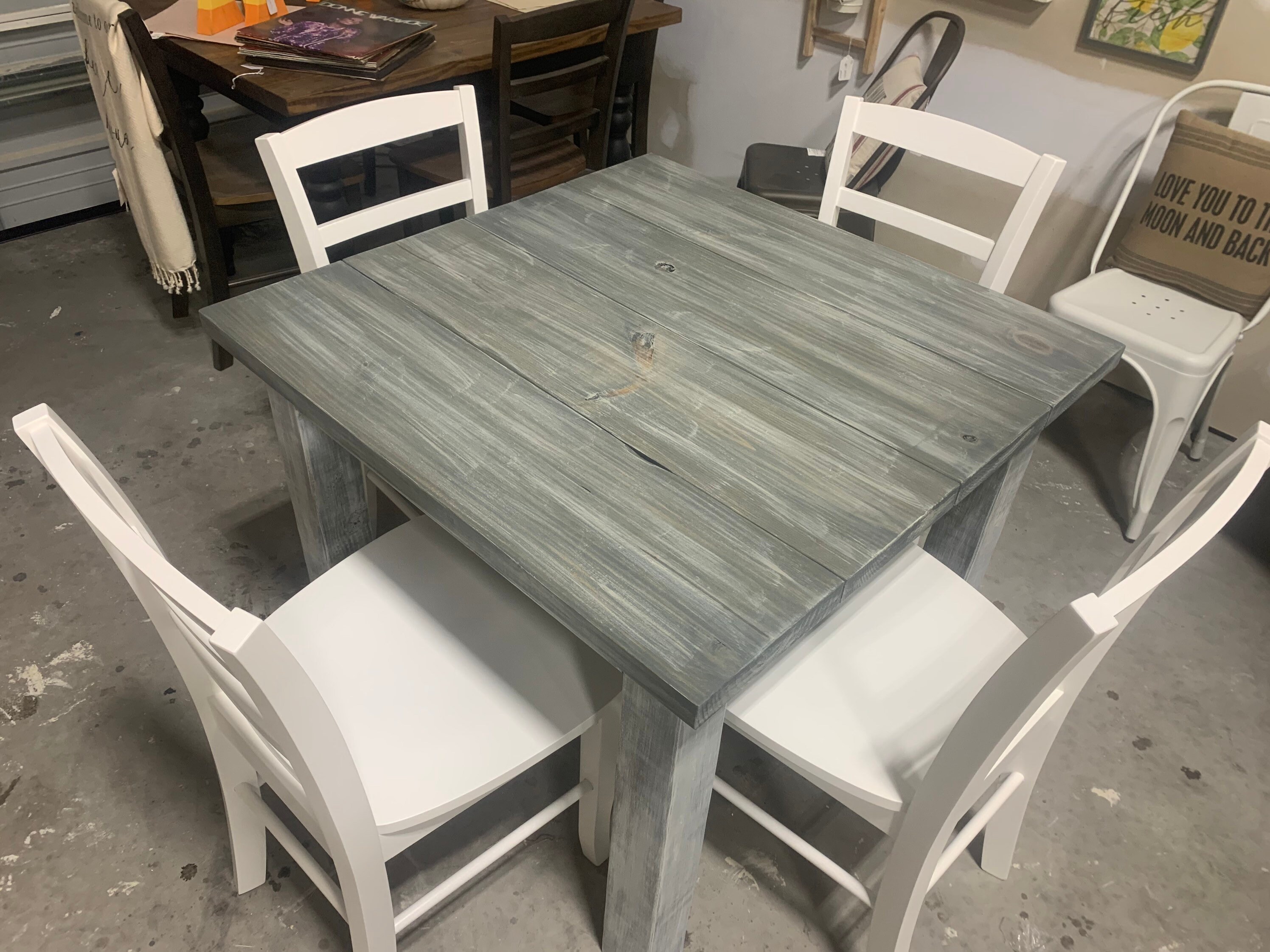 Square Farmhouse Table Set, Chairs with Distressed White Base, Gray