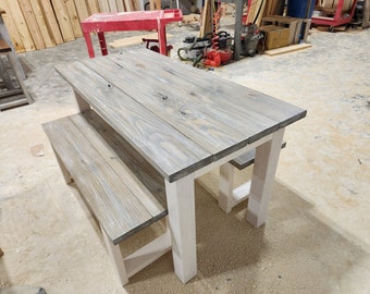 White Wash Farmhouse Table With Benches Wooden Gray White Wash Stock and Marshmallow White Base Narrow Dining or Kitcen Table