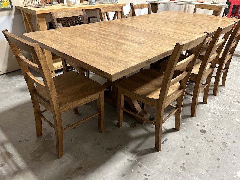 Extendable Farmhouse Table, Two Leaf Dining Set with Chairs, Modern Trestle Style Base, Stained Provincial Brown, Hardwood image 7