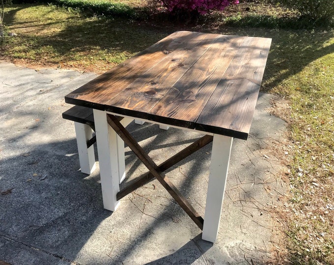 Pub Style Farmhouse Table Rustic Tall Farmhouse Table With Tall Bench with Dark Walnut Top and Weathered White Base and Cross Brace Design