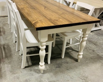 8ft Rustic Farmhouse Table with Chairs and Turned Legs, Provincial Brown Top and Antique White Base, Wooden Dining Table