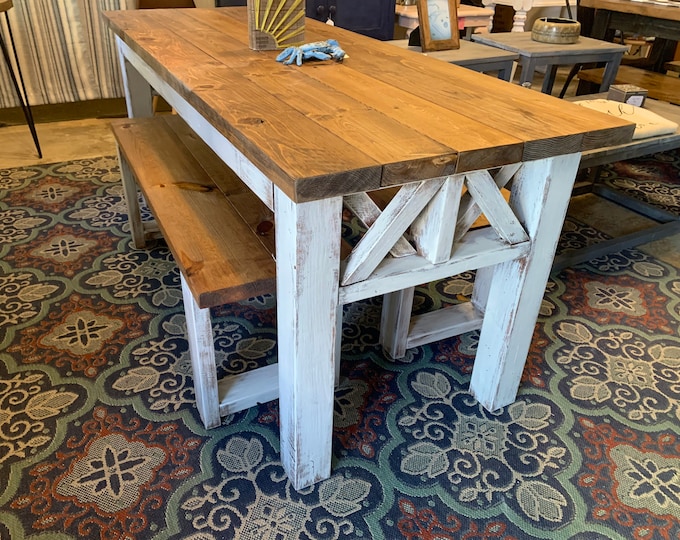 Rustic Wooden Farmhouse Table Set with Early American Brown Top and White Distressed Base Criss Cross Style Includes Two Benches