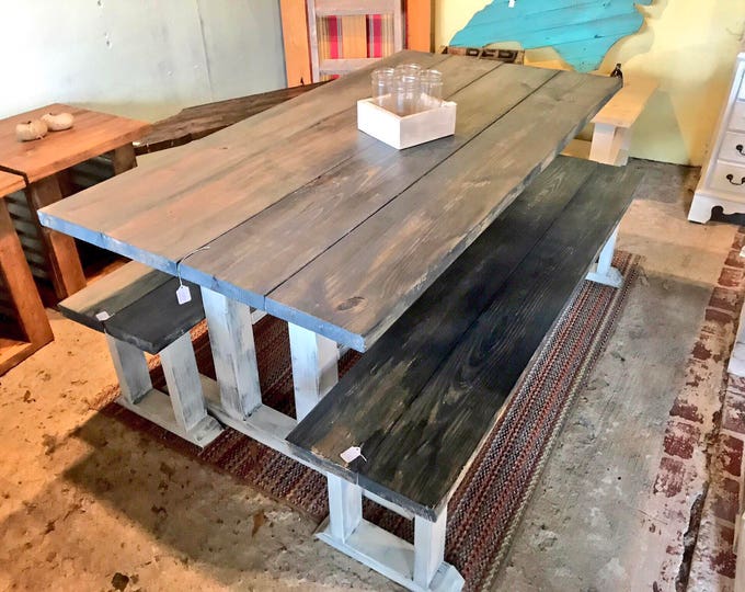 Rustic Pedestal Farmhouse Table Set With Long Benches Charcoal  Gray with White Distressed Base Dining Set