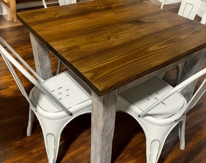 Square Table Set - Farmhouse Style Table with Distressed White and Provincial Brown - White Metal Chairs - Small Kitchen Table Set
