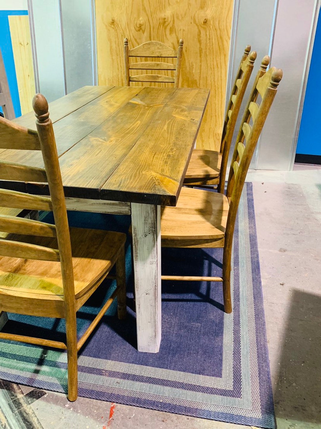 Rustic Farmhouse Has Table Set With Bench and Chair Set, Stained ...