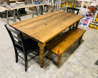 Rustic Farmhouse Table with Turned Legs, Benches and Black Chairs, Provincial Brown Stain Finish, Dining Set with Wooden Ladder Back Chairs