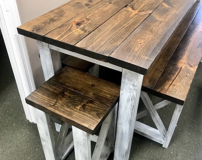 Long Pub Style Farmhouse Table Set, With Stools and Tall Benches, Dark Walnut top with White Distressed Base, Tall Farmhouse Table Set