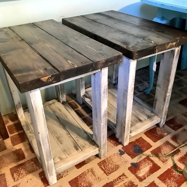 Rustic Handmade Long End Tables Set with Shelve, Distressed White Base with Dark Walnut Top Pair of Farmhouse Side Tables, Wooden Tables