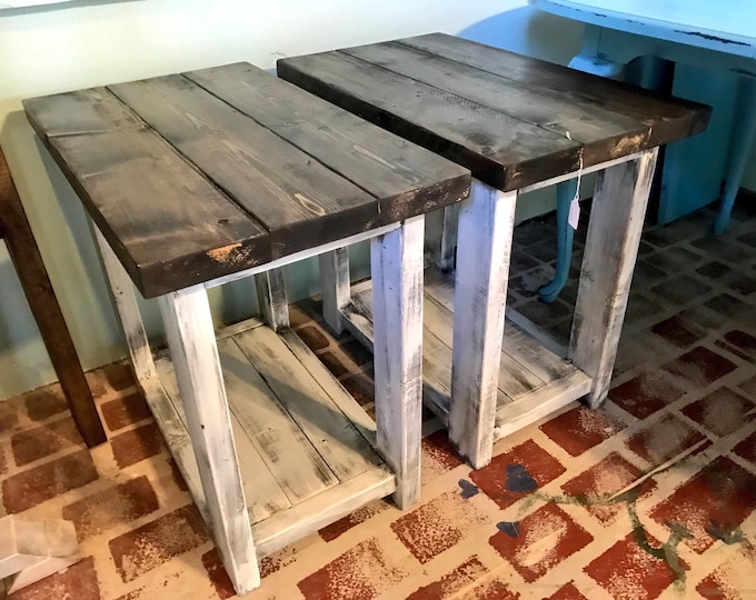 Rustic Handmade Long End Tables Set with Shelve, Distressed White Base with Dark Walnut Top Pair of Farmhouse Side Tables, Wooden Tables