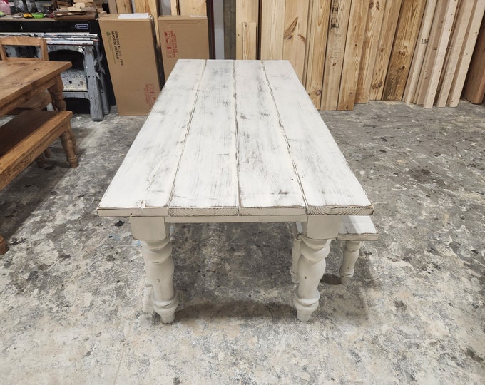 7ft Rustic Farmhouse Table and Bench with Turned Legs, White Distressed Top and  Base, Wooden Dining Table, Kitchen Table