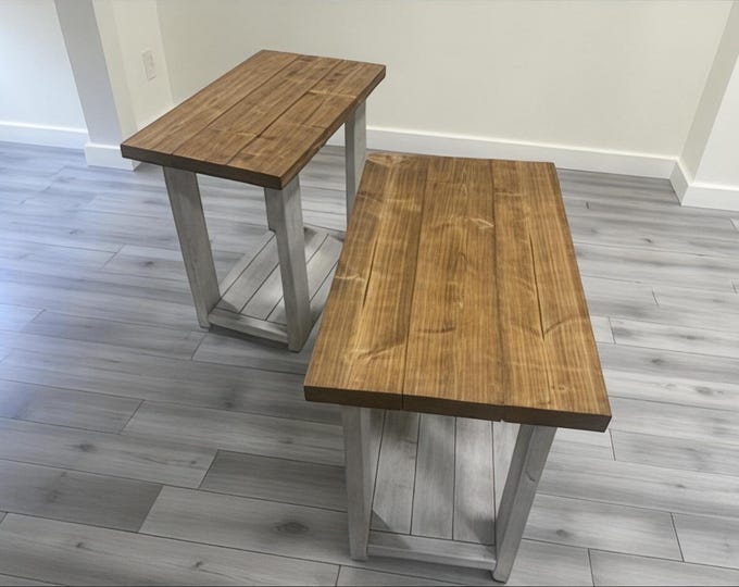 Handmade Rustic End Table Set: Distressed White Farmhouse Side Tables