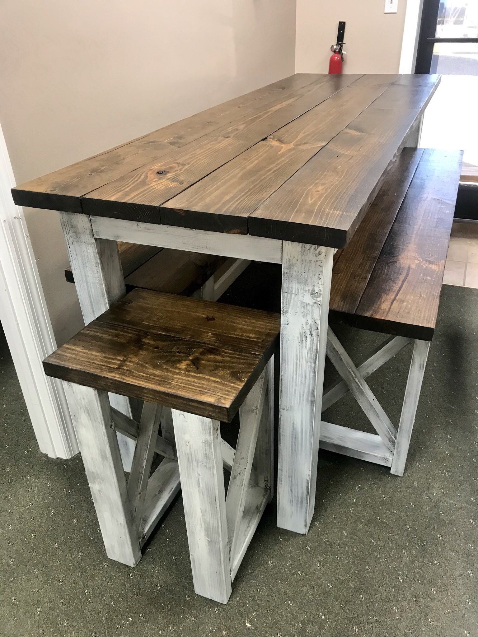 Long Pub Style Farmhouse Table Set With Stools and Tall Benches Dark Walnut top with White Distressed Base Tall Farmhouse Table Set Etsy