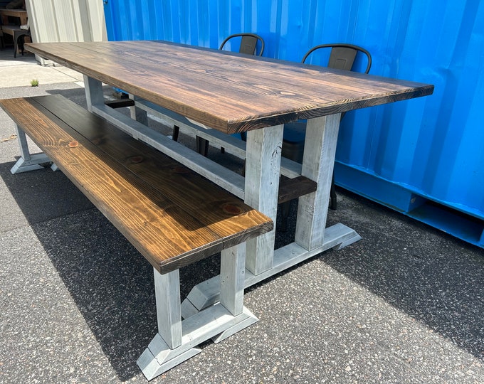 Rustic 7ft Pedestal Farmhouse Table With Long Bench and Metal Chairs Esspresso Top with Creamy White Distressed Base Dining Set Long Table