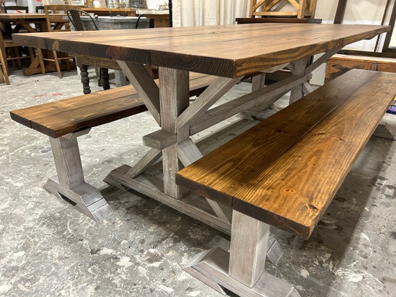 Trestle Style Farmhouse Table With Long Benches Provincial and