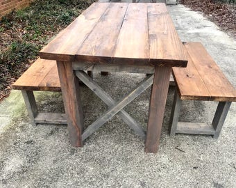 Small Wooden Farmhouse Table Set with Provincial Brown Top and Classic Gray Base Criss Cross Style Includes Two Benches