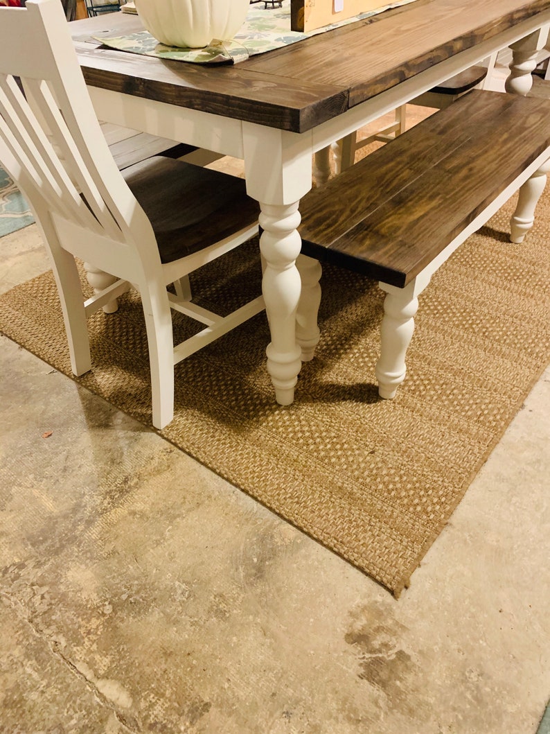White Farmhouse Table With Turned Legs Benches and Chairs Etsy
