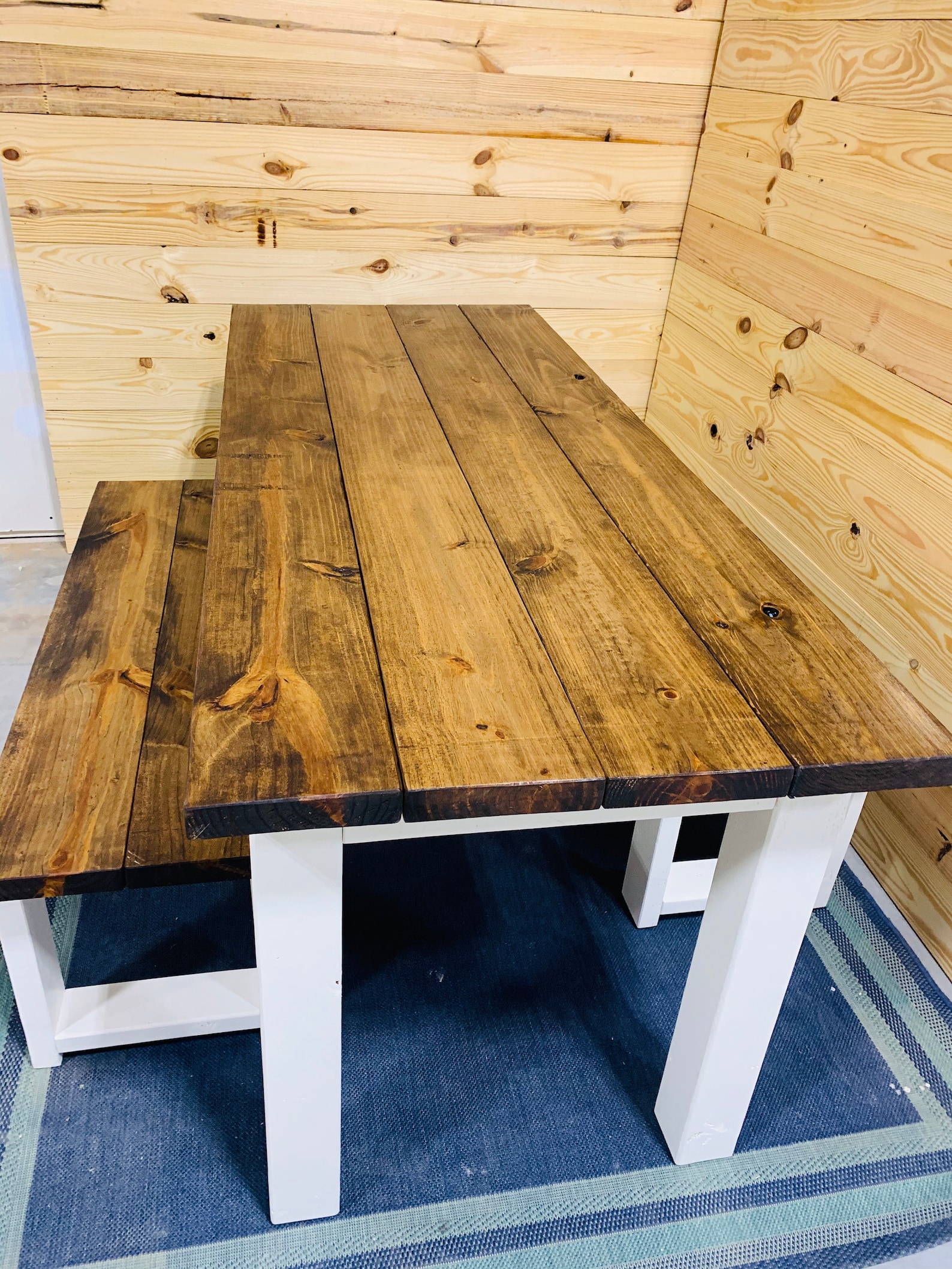 Rustic Farmhouse Table Set With Benches: Provincial Brown Top, White ...