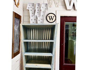 Farmhouse Style Bookshelf with a Distressed Aqua Milk Paint Finish With Tin Metal Accents Wooden Shelving Bookcase