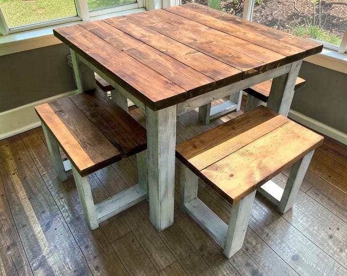 Small Square Dining Table Set Four Stools Farmhouse Kitchen Rustic Apartment Space Saving Furniture