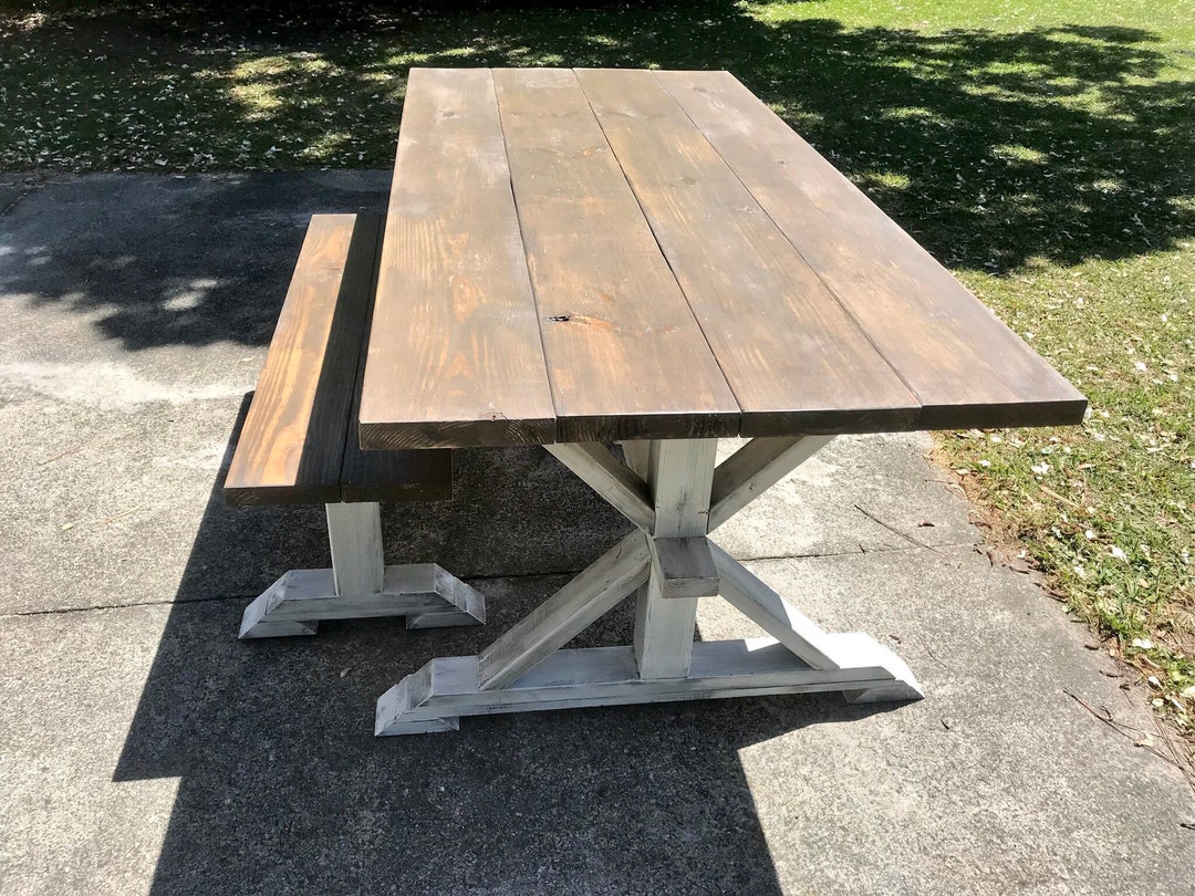 Rustic Pedestal Farmhouse Table With Bench Brownish Gray Top Etsy