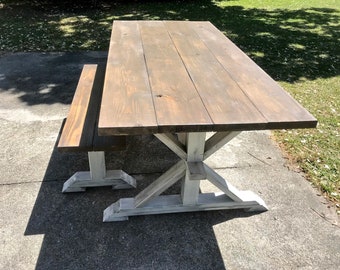 Rustic Pedestal Farmhouse Table With Bench Brownish Gray Top with White Distressed Base Dining Set Handmade Trestle Style Farmhouse Table