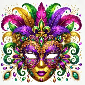 Könnte beinhalten: Eine violette, goldene und grüne Maskenballmaske mit Federn und Juwelen. Die Maske hat ein Fleur-de-lis-Design auf der Stirn.