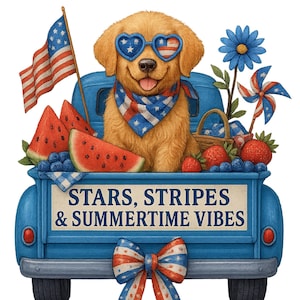 Stars and Stripes Printable, Patriotic Puppy, Blue Truck 4th of July Decor, Instant Download Digital Art, 1 PDF 1 PNG