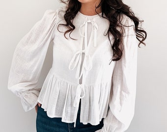 Womens Tie Front Ruffle Peplum Top