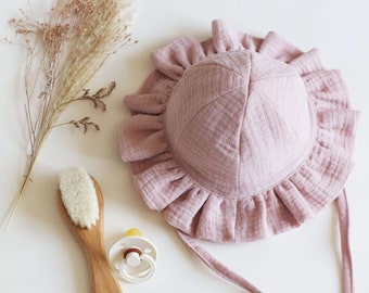 Dusky Pink Baby Sun Hat: Cotton Muslin Frill Brim