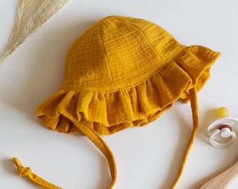 Mustard Baby Sun Hat: Cotton Muslin Frill Brim