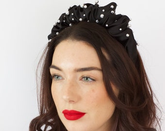 Black and Pearl Hand Beaded Satin Scrunchie Headband, Oversized Headband, Hair Accessories, Christmas Party Headband