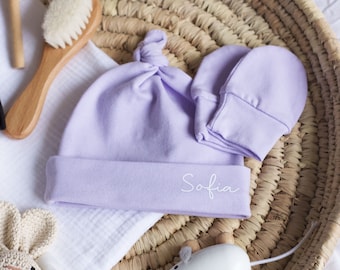 Ensemble bonnet et moufles personnalisés bébé fille, cadeau pour bébé, cadeau de baby shower, bonnet pour nouveau-né, cadeau personnalisé pour bébé, nouveau-né