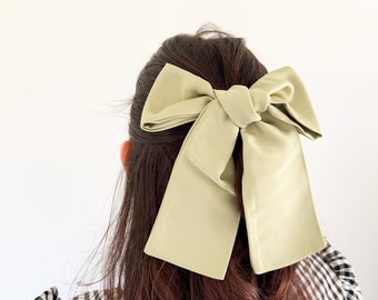 Satin Large Sage Green Hair Bow Clip Accessory