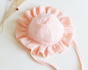 Peach Baby Sun Hat: Cotton Muslin Frill Brim, Adjustable Chin Strap